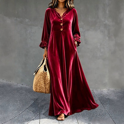 Women's V‑Neck Velvet Ruffle Cuff Maxi Dress