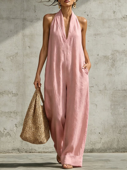 Linen Halter Deep V Wide Leg Cuffed Jumpsuit