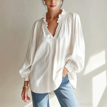 Ruffle V-Neck Crinkled Texture Balloon Sleeve Blouse