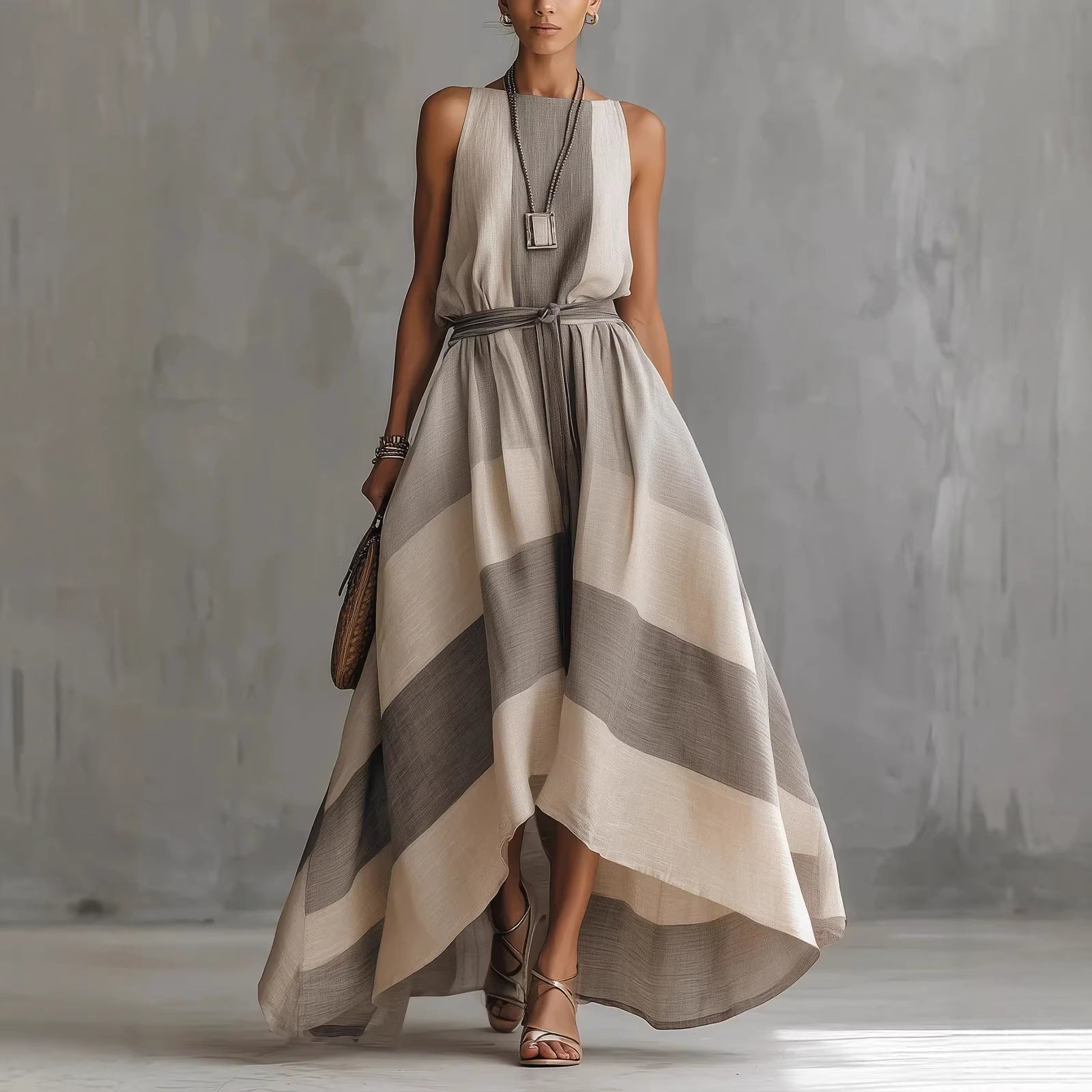 Linen Blend Striped Sleeveless Maxi Dress