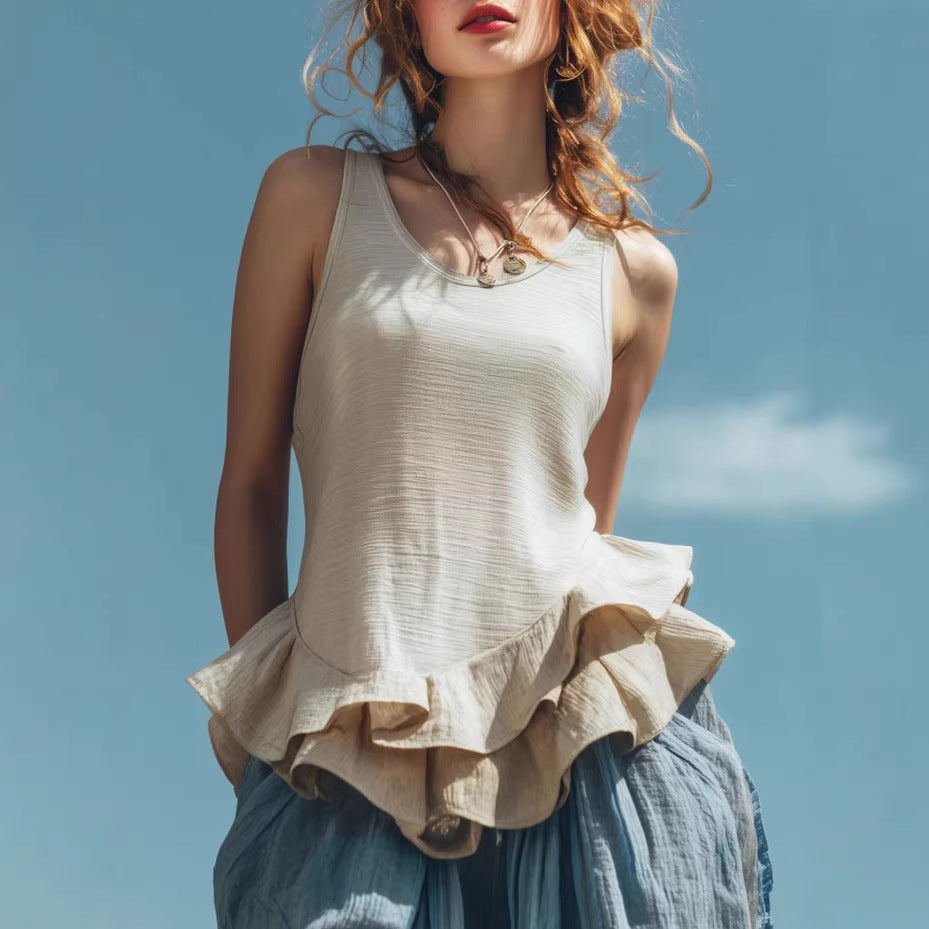 Casual Fashion Sleeveless Hem Ruffled Top