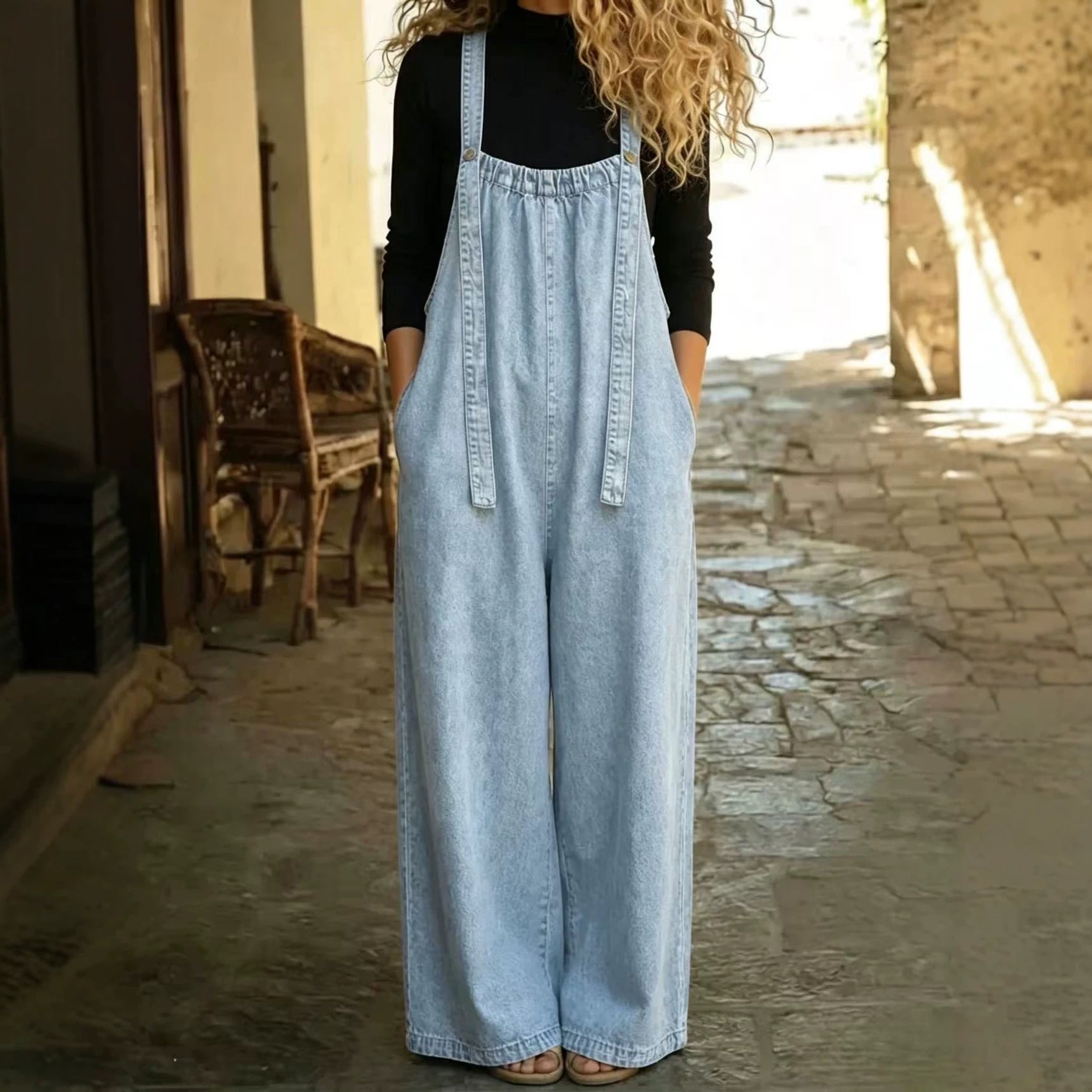 Vintage Washed Wide Leg Denim Overalls