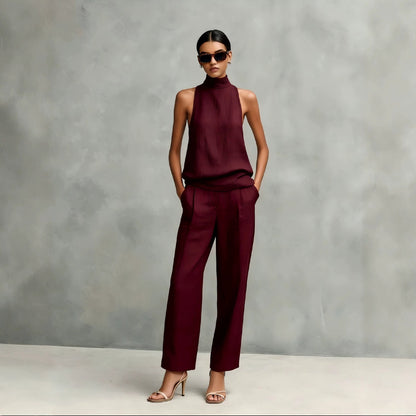 Women's Elegant Cotton And Linen Round-neck Sleeveless Top And Trousers Set