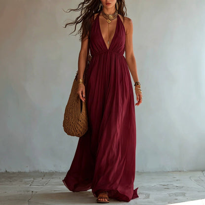 Halter Deep V Gathered Empire Waist Flowy Chiffon Maxi Dress