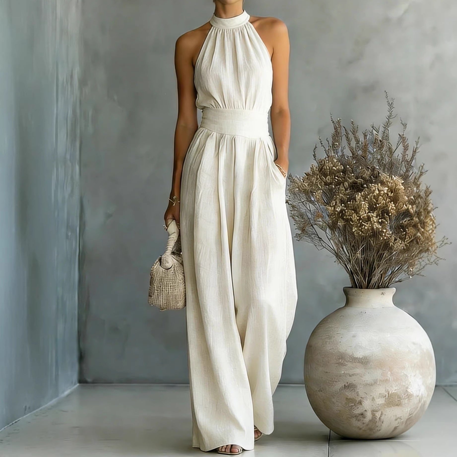 Halter Neck Linen-Blend Wide Leg Jumpsuit