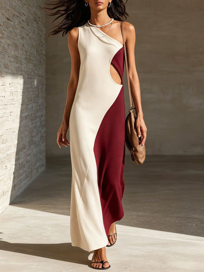 Block One Shoulder Cutout Textured Maxi Dress