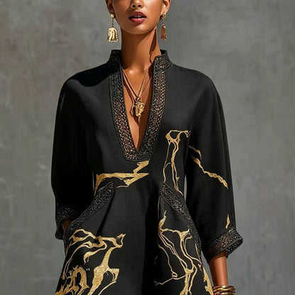 Black Gold Printed V-neck Crochet Lace Mini Dress