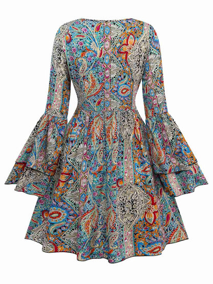 Bohemian Paisley Floral Bell Sleeve Dress