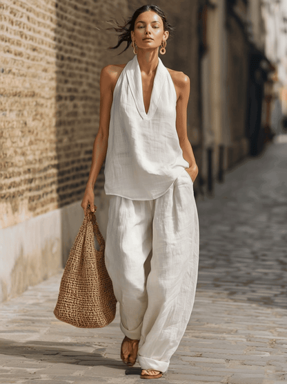 Casual Urban Style White Linen V-neck Sleeveless Top And Wide Leg Pants Set