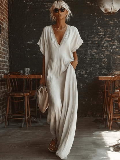 Casual Bohemian Urban V-neck Short-sleeved Lace Trim White Cotton Maxi Dress