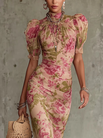 Vintage Rose Print Maxi Dress With Puff Sleeves（Accessories not included）