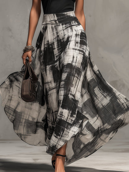 Black Chiffon Abstract Plaid Print Skirt And T-Shirt Set