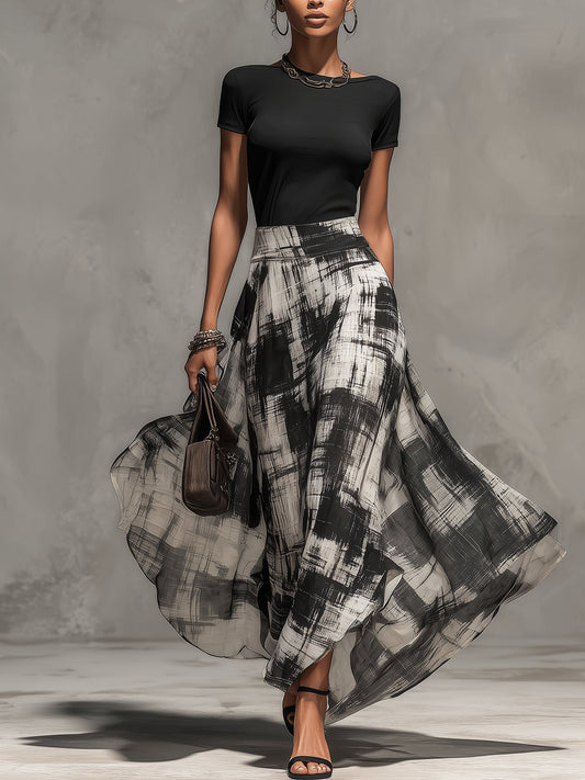 Black Chiffon Abstract Plaid Print Skirt And T-Shirt Set