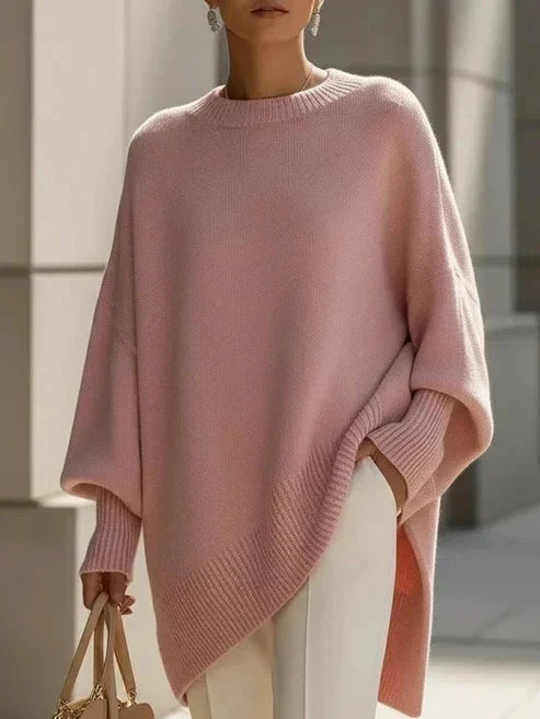 Women's Solid Beige Asymmetric Batwing Sleeve Knit Poncho Sweater
