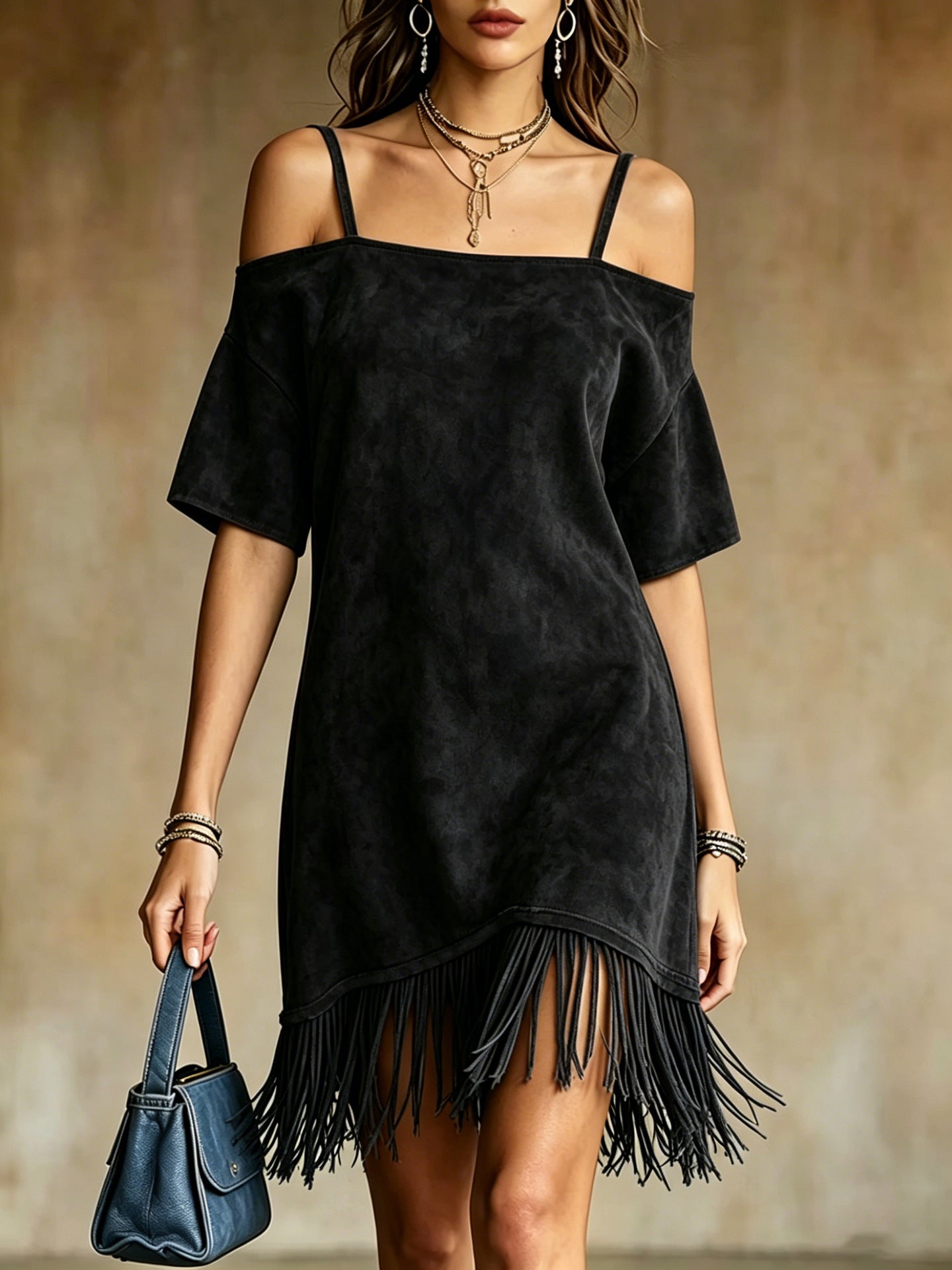 Off Shoulder Spaghetti Strap Suede Fringe Mini Dress