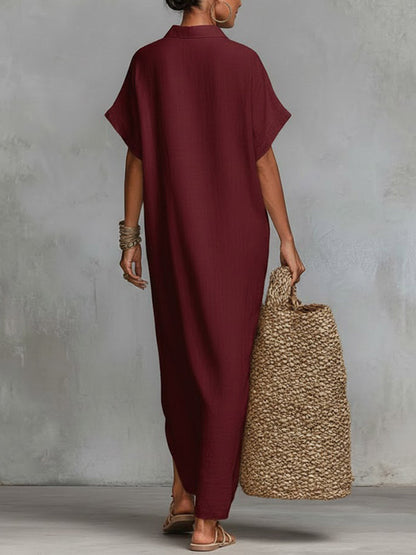 Women's Solid Color Collared Short-sleeved Casual Loose Linen Dress