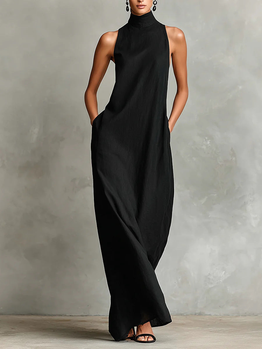 Sleeveless High Neck Linen Maxi Shift Dress