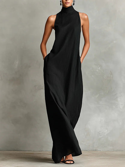Sleeveless High Neck Linen Maxi Shift Dress