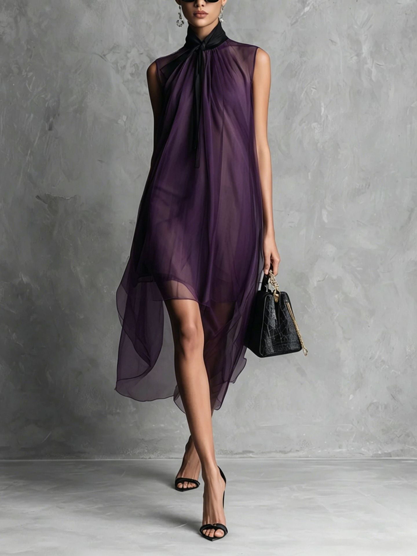 Sheer Mesh Sleeveless Tie Neck Asymmetrical Midi Dress