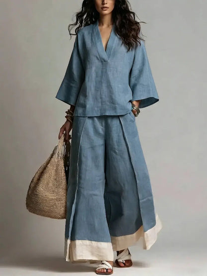 French V-Neck Three-Quarter Sleeve Shirt + Contrasting Color Wide-Leg Pants Suit For Women