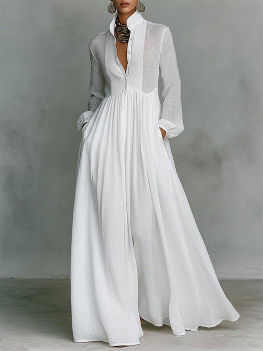 Casual Cotton Linen Maxi Dress High Waist Stand Collar Daily