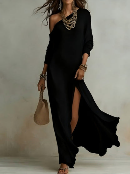 Elegant Long-Sleeved Knitted Pleated Slit Women'S Dress