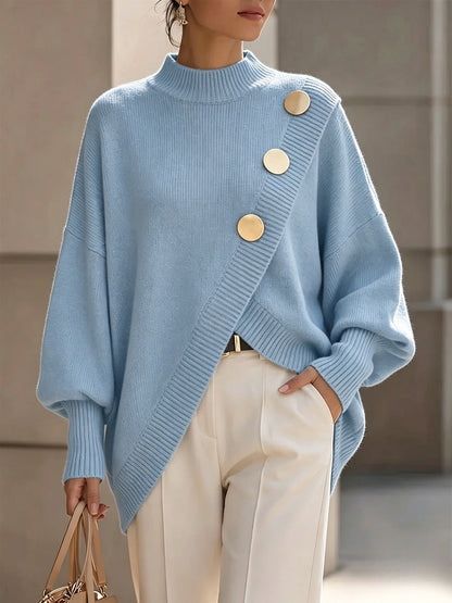 Mock Neck Oversized Batwing Sleeve Asymmetric Hem Knit Sweater With Decorative Gold Buttons