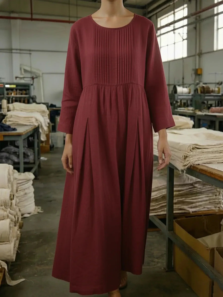 Vintage Style Pleated Cotton Linen Midi Dress