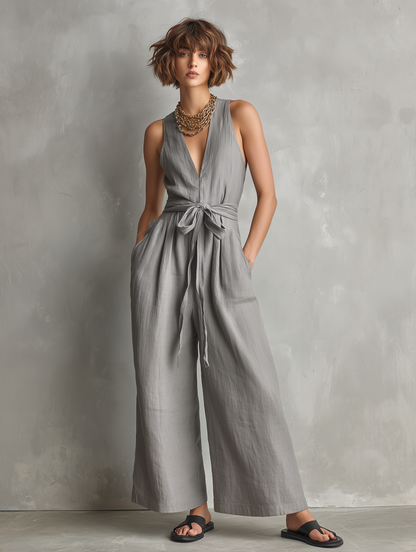Women's Minimalist Linen-Blend Zippered V-Neck Sleeveless Belted Jumpsuit