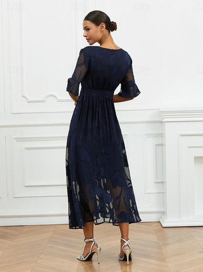 Sheer Sleeve V-Neck Floral Dress