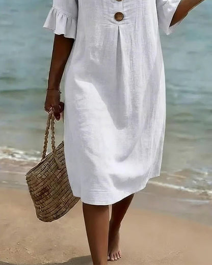 Button Ruffle Sleeve 100% Cotton Dress