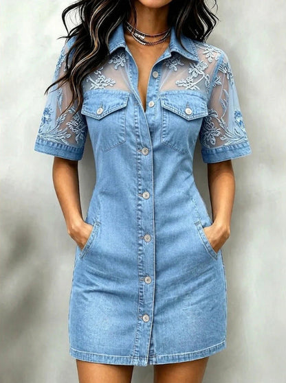 Sheer Mesh Floral Embroidered Denim Mini Dress