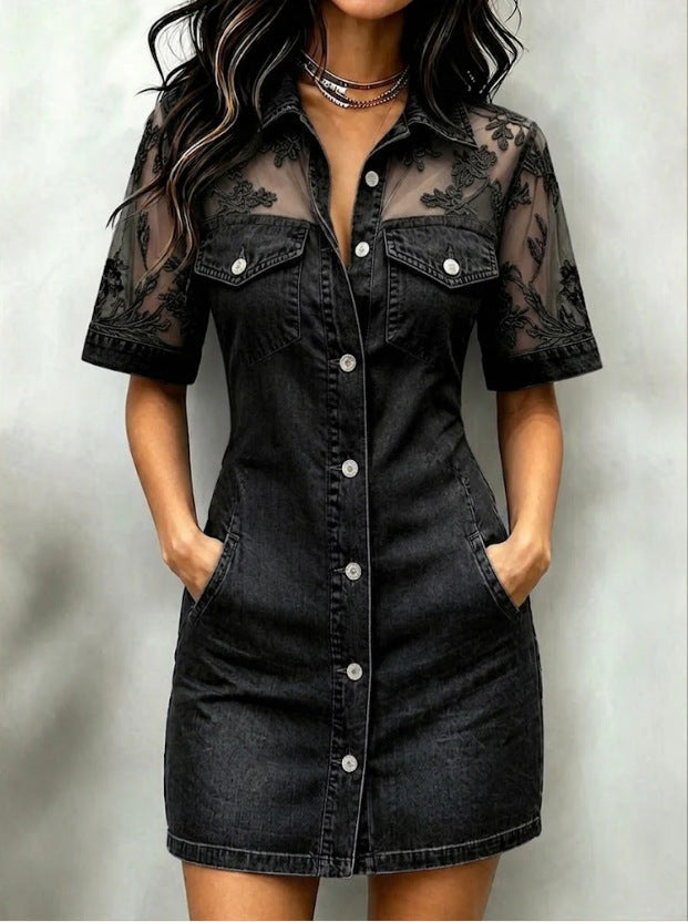 Sheer Mesh Floral Embroidered Denim Mini Dress
