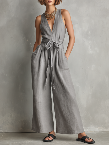 Women's Minimalist Linen-Blend Zippered V-Neck Sleeveless Belted Jumpsuit