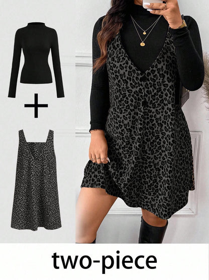Women's High‑Neck Long Sleeve Top & V‑Neck Sleeveless Mini Dress Two‑Piece Set