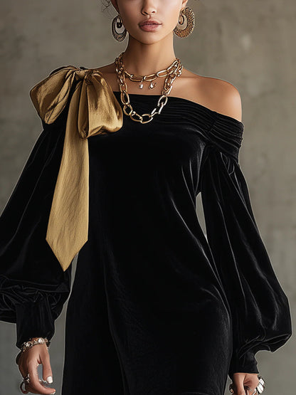 MINI VELVET DRESS WITH GOLD BOW