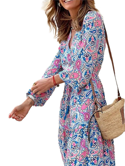 Bohemian V-Neck Autumn Dress For Fall Fashion