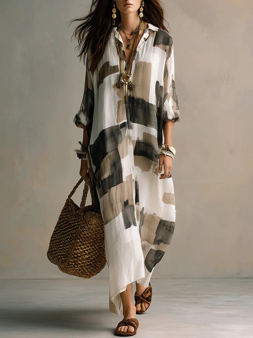Roll Sleeve Oversized Irregular Hem Linen Blend Vacation Cover Up Dress