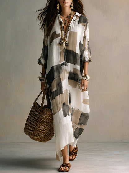 Roll Sleeve Oversized Irregular Hem Linen Blend Vacation Cover Up Dress