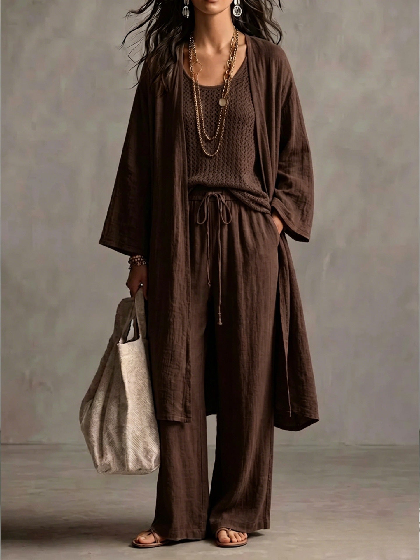 Neutral Beige Linen-Blend Two-Piece Lounge Set