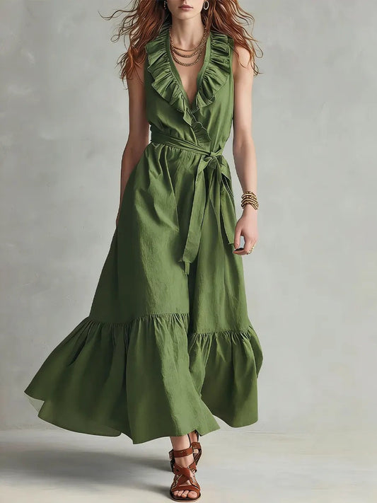 🌿 Ruffled V-Neck Wrap Maxi Dress