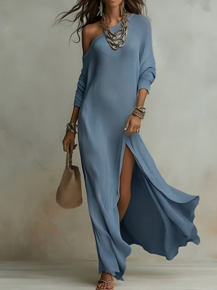 Elegant Long-Sleeved Knitted Pleated Slit Women'S Dress