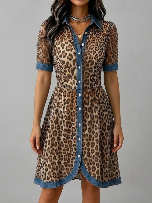 Stylish Casual Leopard-print Chiffon And Denim Patchwork Dress