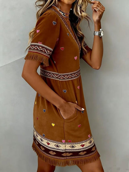 Cozy Brown Heart Print V-Neck Dress
