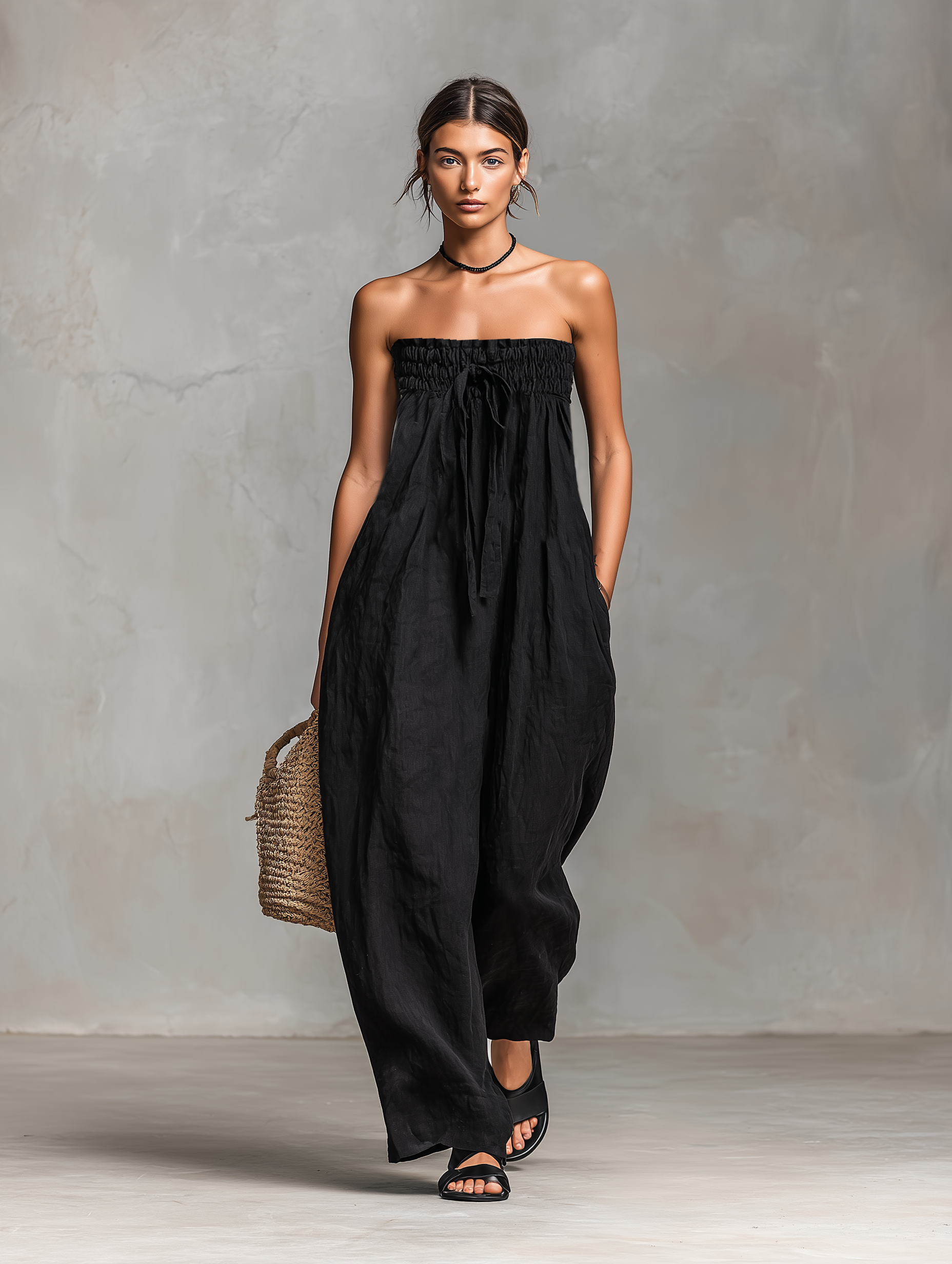 Women's Minimalist Loose-fitting Linen Blend Strapless Jumpsuit With Tie Closure