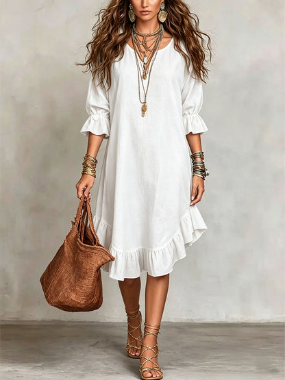 Women's Casual Loose-fitting Round Neck Ruffles Linen And Cotton Short-sleeved Dress