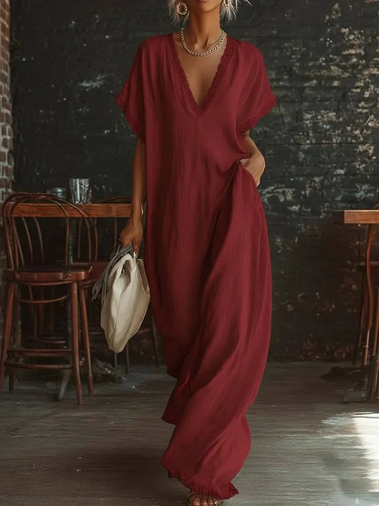 Casual Bohemian Urban V-neck Short-sleeved Lace Trim White Cotton Maxi Dress