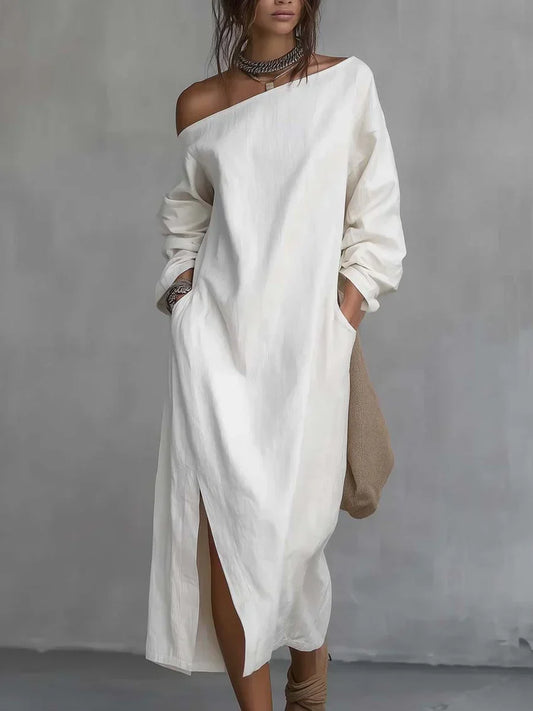 Loose-fitting One Shoulder Split Hem Cotton Linen Midi Dress