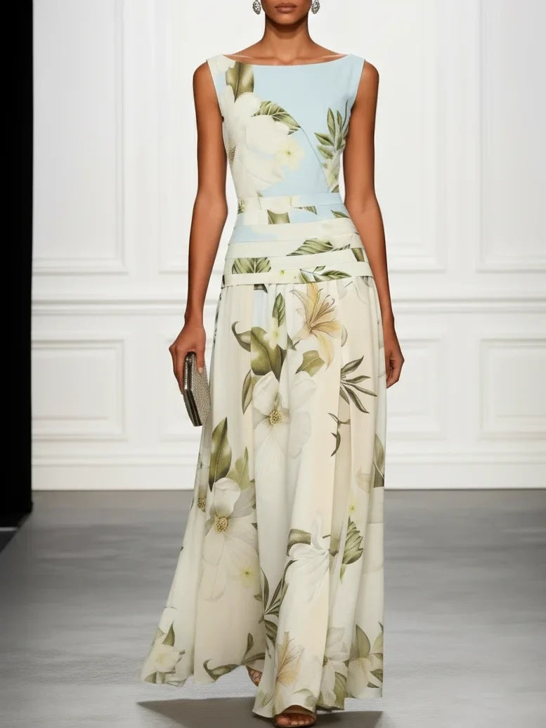 Vintage Lily Floral Color Block Maxi Gown