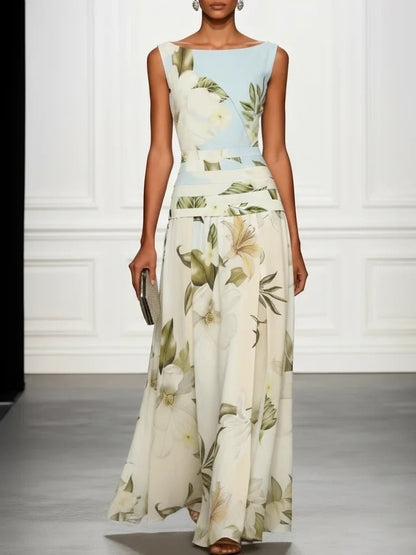 Vintage Lily Floral Color Block Maxi Gown